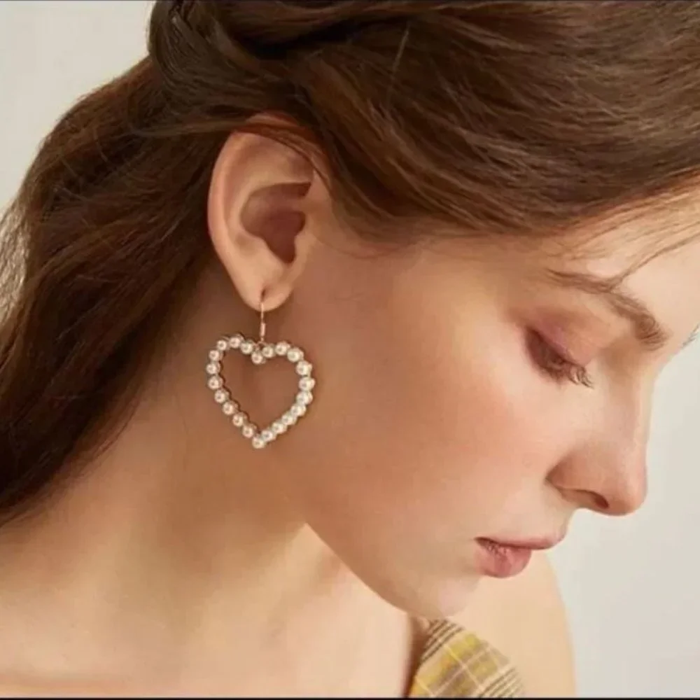 Faux Pearl Heart Dangle Earrings